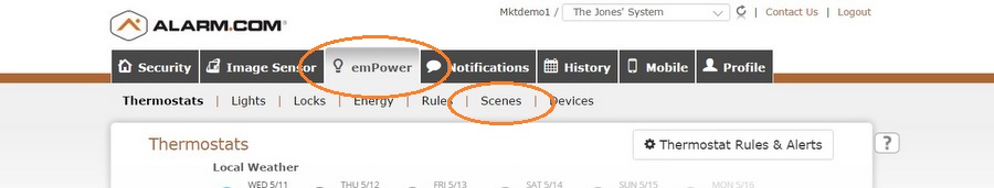 You can create Scenes in both the desktop and mobile versions of the Alarm.com app. We're going to use the desktop version. Log into Alarm.com, click the emPower tab, then click Scenes. 