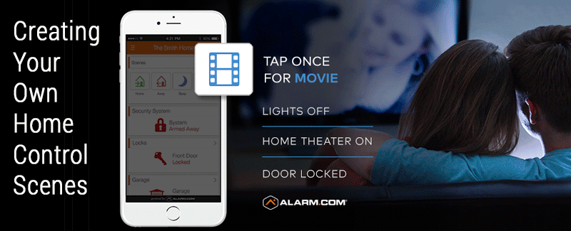 The convenient new Scenes buttons in the Alarm.com app let you control several smart home devices at once with the touch of a single button.