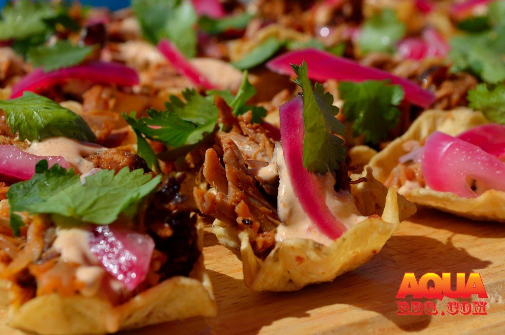 Smoked Pulled Pork with Pickled Onions, Cilantro, and Spicy Creme Fraiche