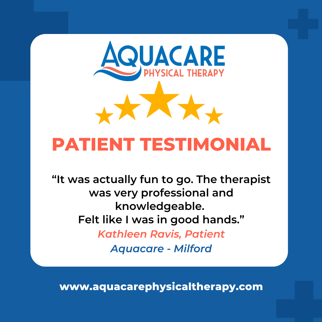a blue background with the words, aquacare physical therapy, and a picture of