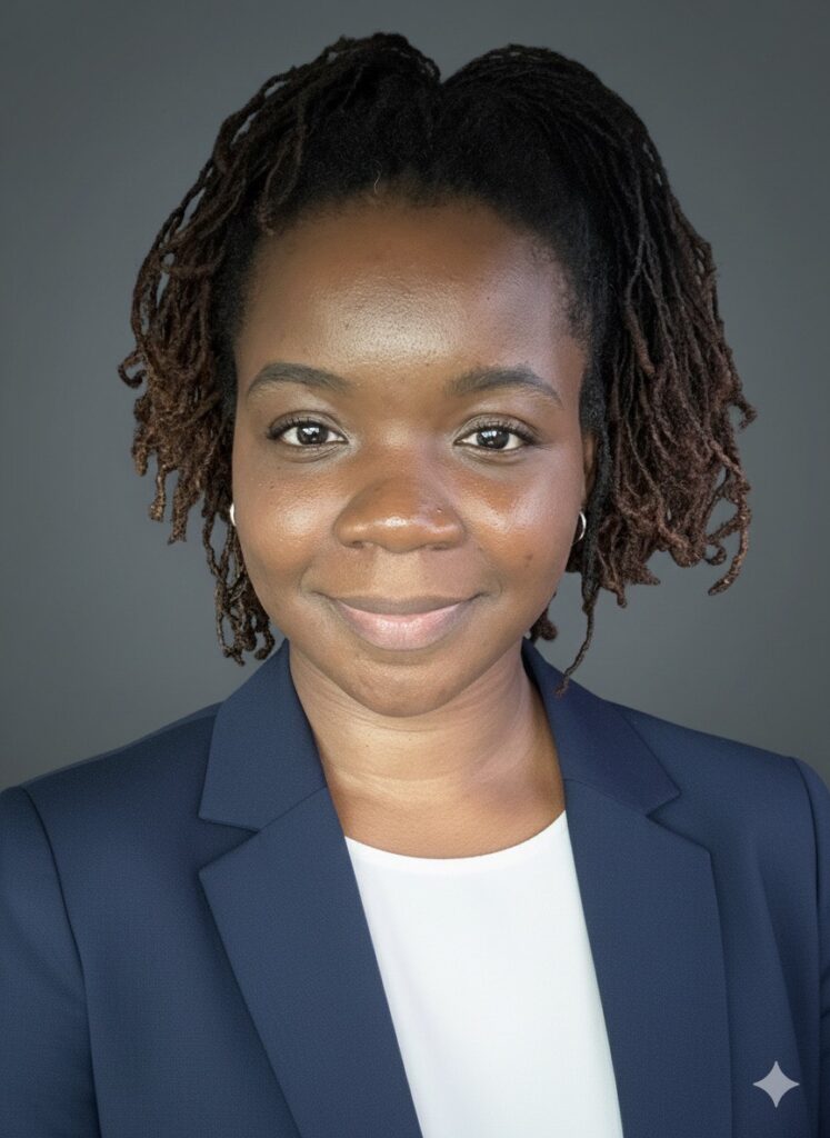 a woman wearing a blue jacket and white shirt