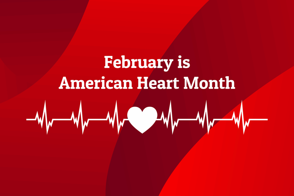 a red background with a white heart and the words, february is american heart month