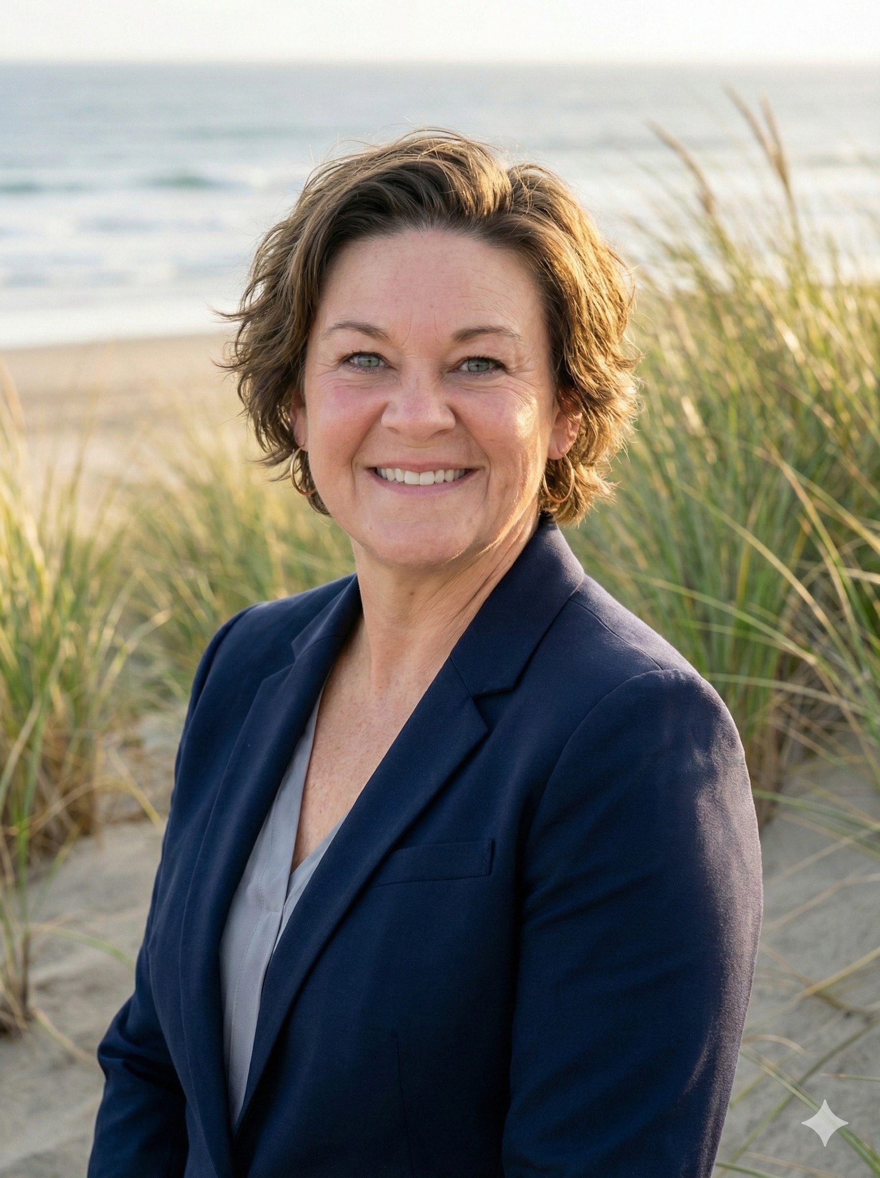 a woman standing on a beach next to tall grass