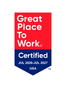 A rectangular certification badge with a red top block reading "Great Place To Work" in white text and a blue pointed bottom section reading "Certified, JUL 2026-JUL 2027, USA".