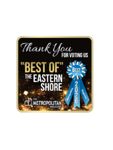 A blue graphic featuring a central emblem with the text "Best of the Eastern Shore Metropolitan Magazine 2026" surrounded by stars, topped with "Thank You" and "FOR VOTING US "BEST OF"".