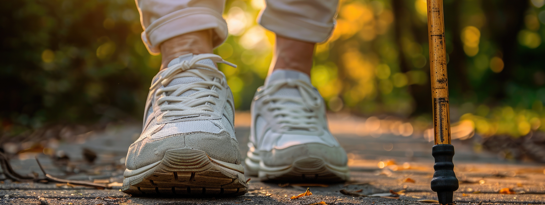 Balance, Parkinson's & Neuro Center sneakers walking outside with cane