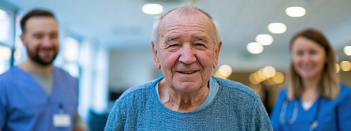 Parkinson’s LSVT Therapy Program man walking parallel bars with physical therapy team
