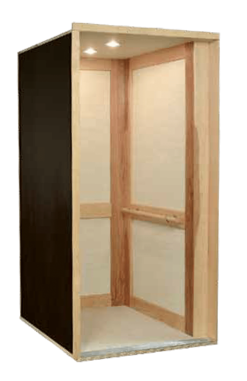 elevator with textured neutral wall panels and ceiling with handcrafted hickory hardwood trim