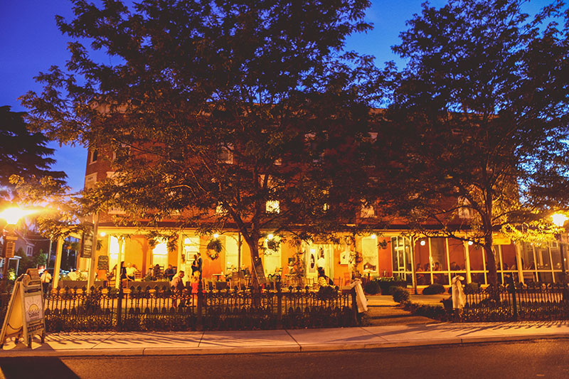 hotel exterior at dusk