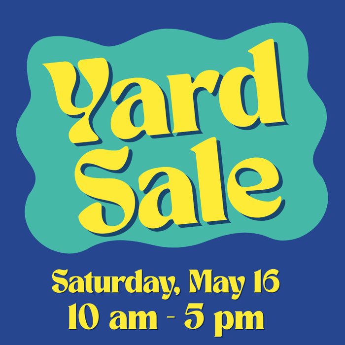 a yard sale poster with a blue background