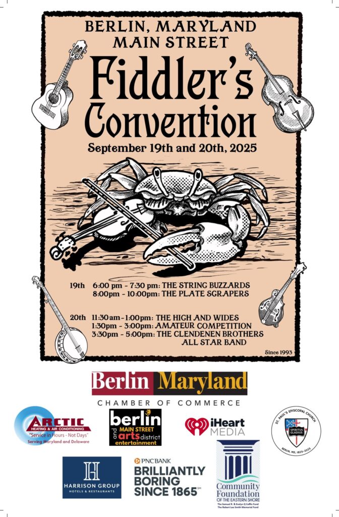a poster for fiddler's convention with a crab on it