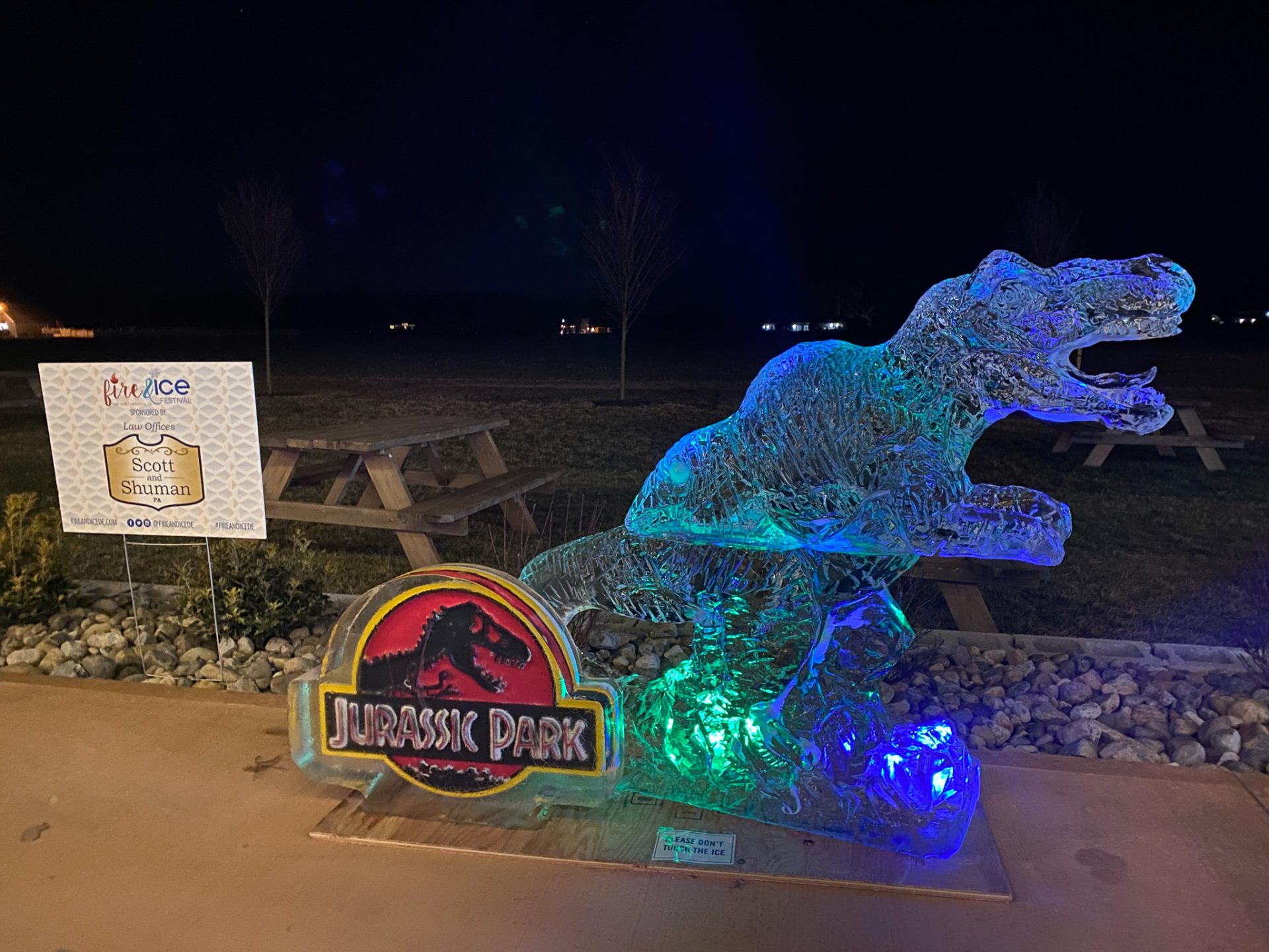 a lit up dinosaur on display in a park