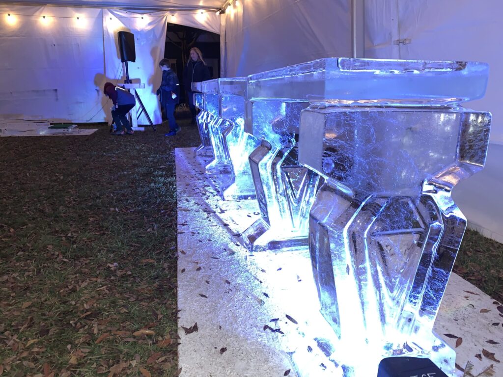 a group of people standing next to an ice sculpture