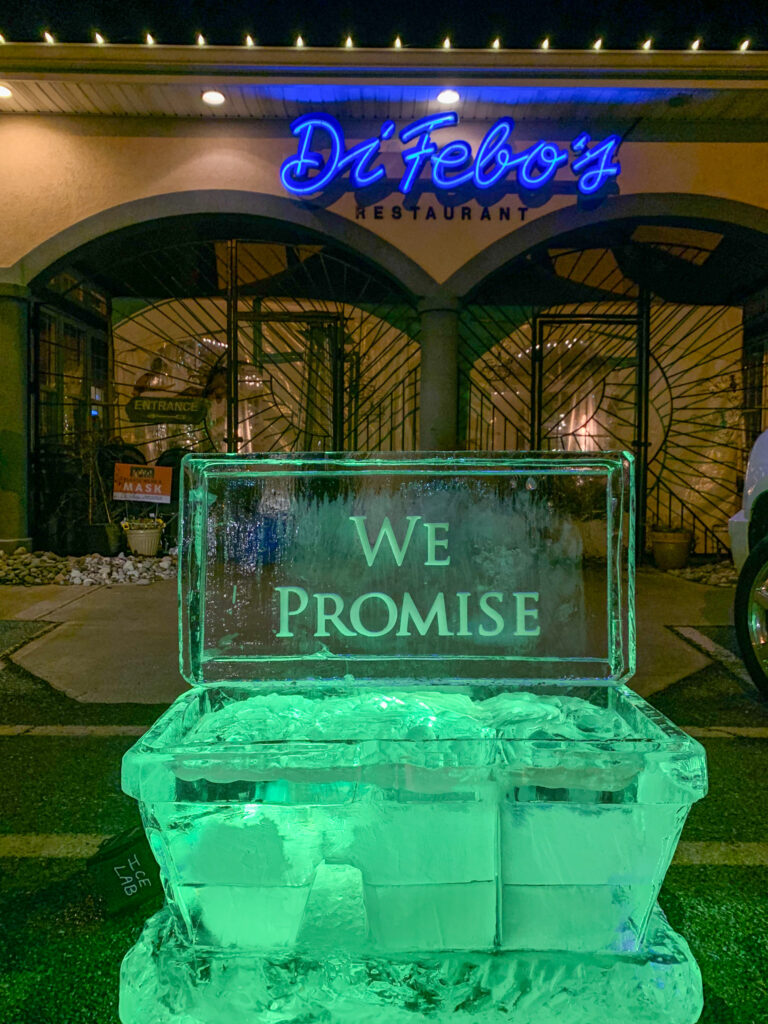 a lighted ice sculpture in front of a building