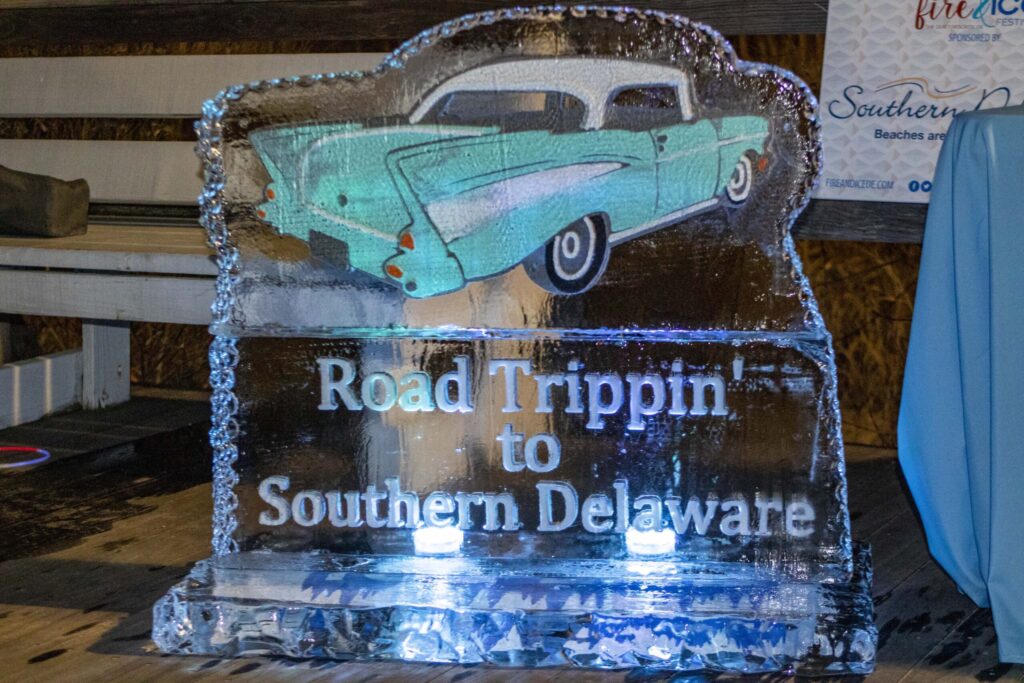 an ice sculpture of a car on display