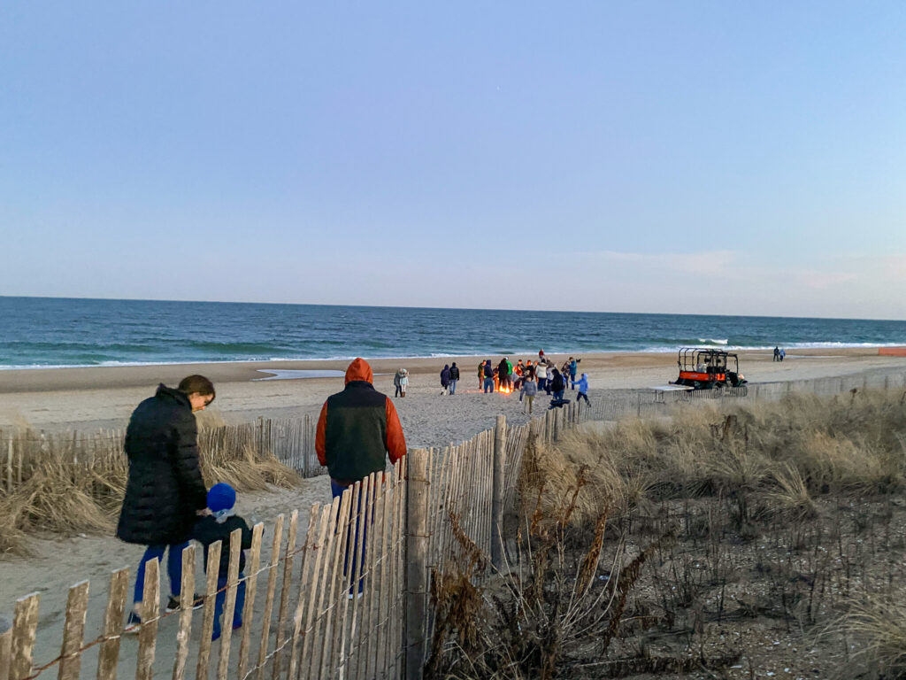 a group of people walking along a beach next to the ocean