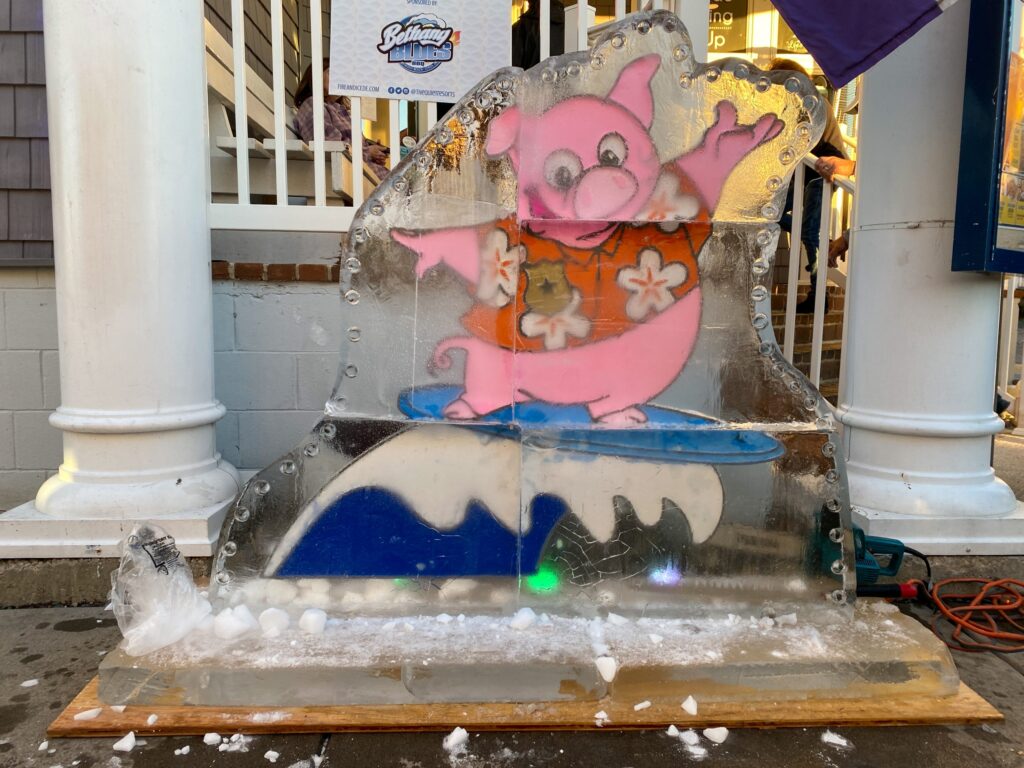 an ice sculpture of a cartoon character on a skateboard