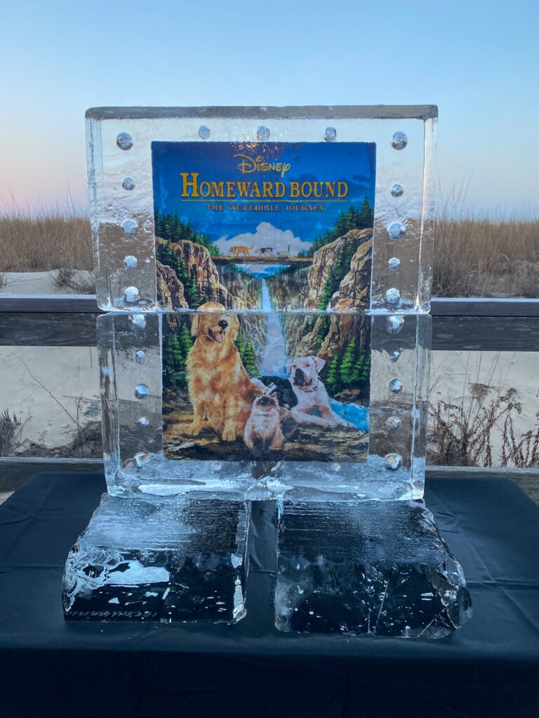 an ice block with a picture of two dogs on it