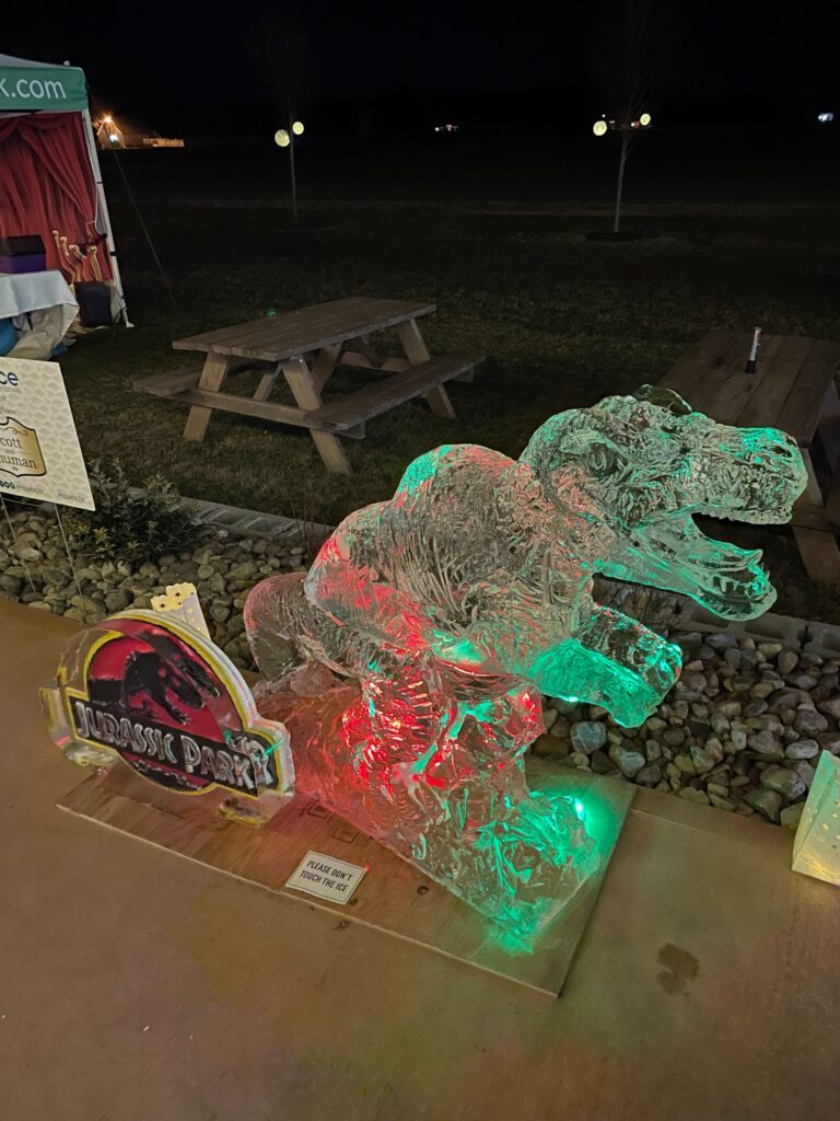 a couple of ice sculptures sitting on top of a field