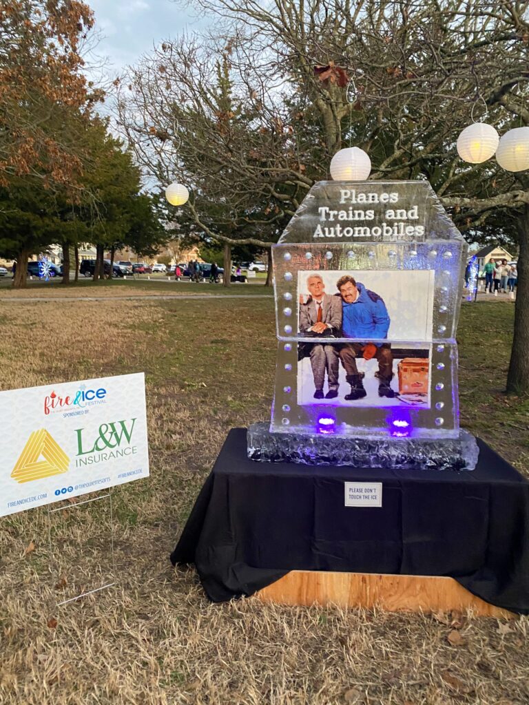 a table with a picture of two men on it