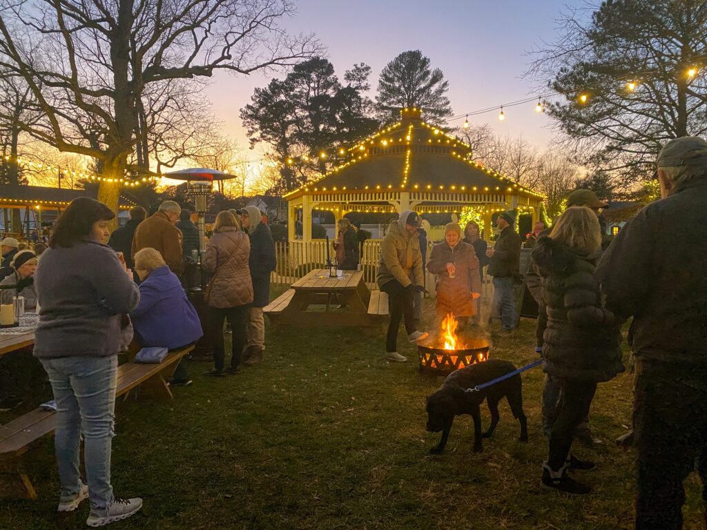 a group of people standing around a fire pit