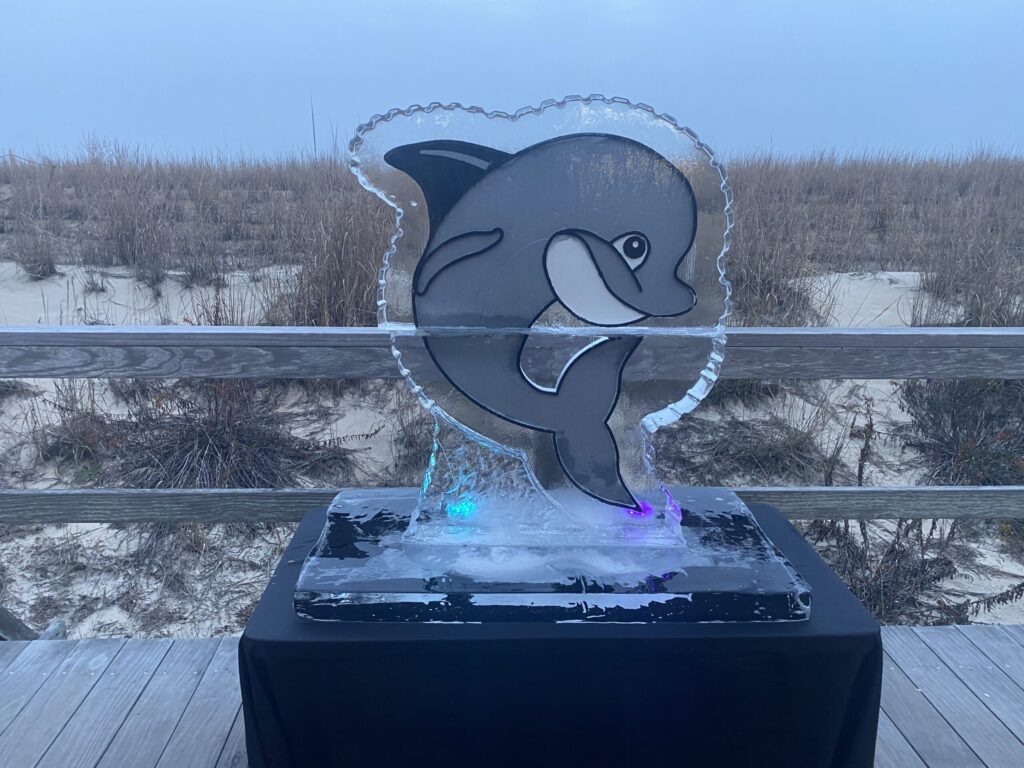 a sculpture of a dolphin on a beach