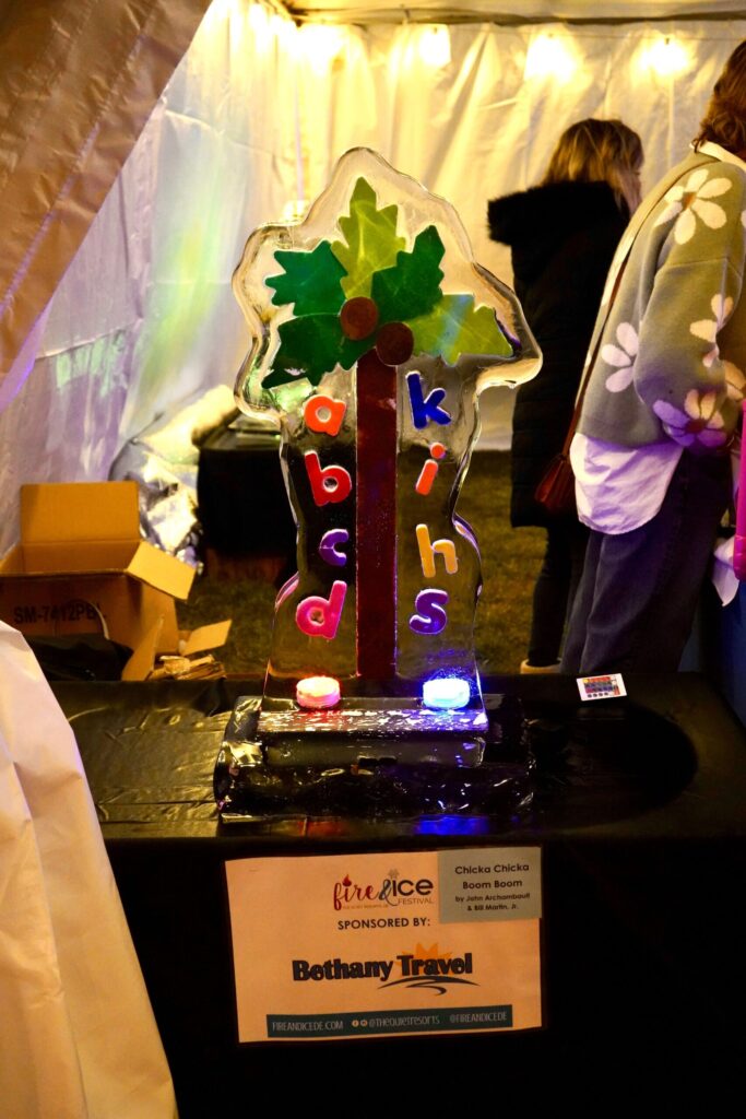 a group of people standing around a table