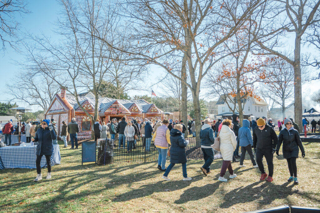 a group of people walking around a park