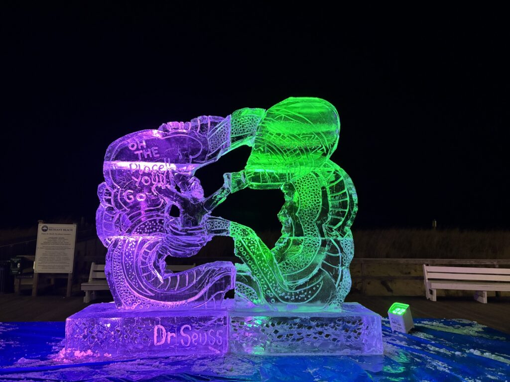 a couple of ice sculptures sitting on top of a snow covered ground