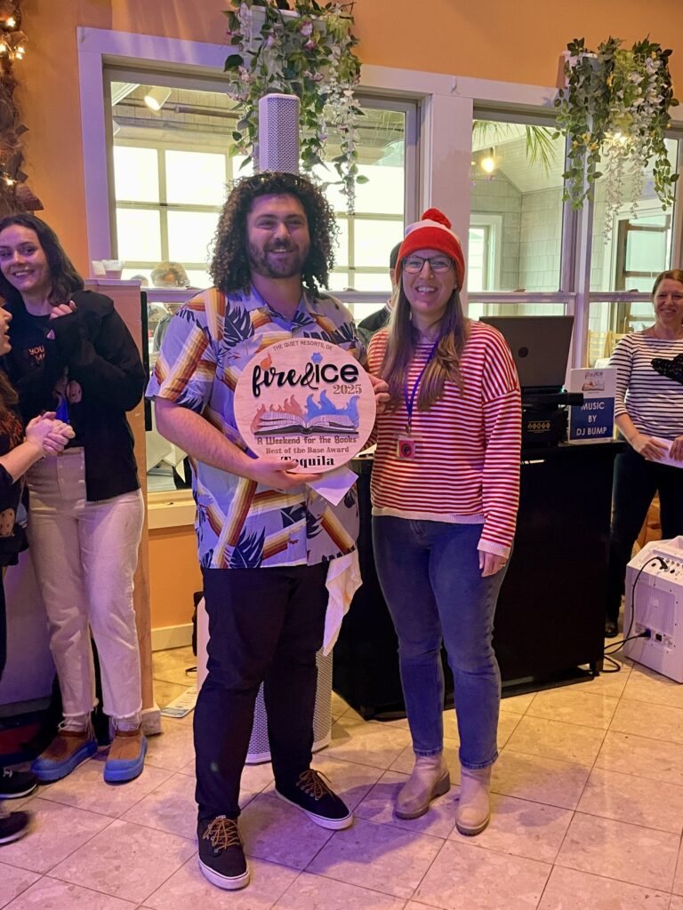 a group of people standing in a room