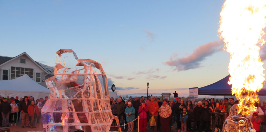 a crowd of people standing around a fire pit
