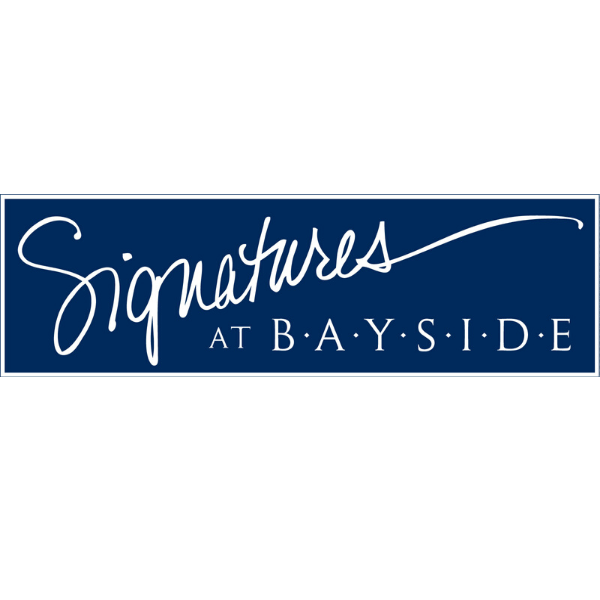 a blue sign that says signatures at bayside