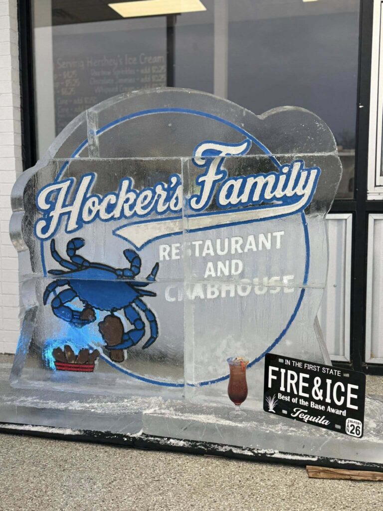 an ice sculpture of a crab on the front of a restaurant