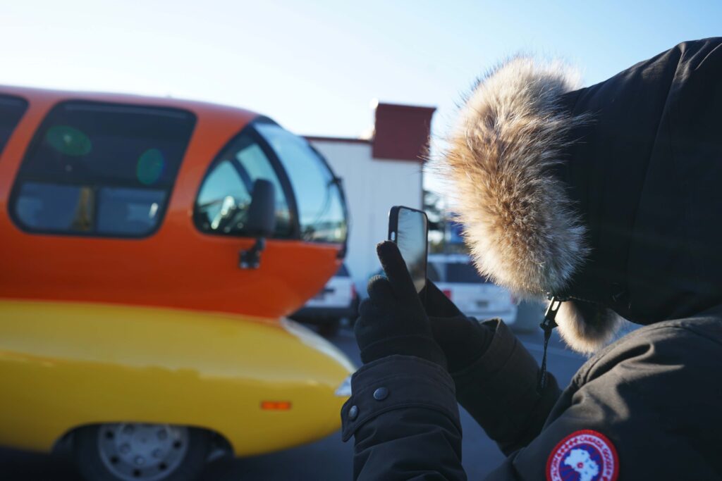 a person in a parka looking at a cell phone