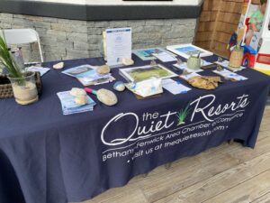 a blue table covered with books and other items
