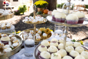 a table topped with lots of cupcakes and cakes