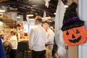 a group of people standing in a room