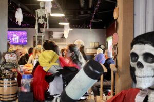 a group of people dressed up in costumes