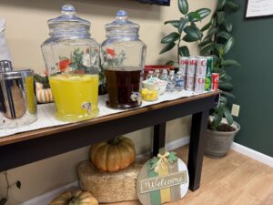 a table with a variety of drinks on it