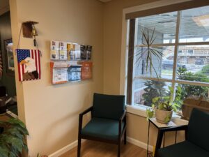 a room with two chairs and a flag hanging on the wall