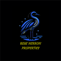 a blue heron logo on a black background