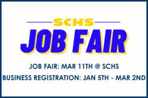 a blue and yellow job fair sign with the words job fair