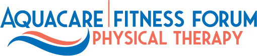 a blue and red logo with the words aquatic fitness forum physical therapy