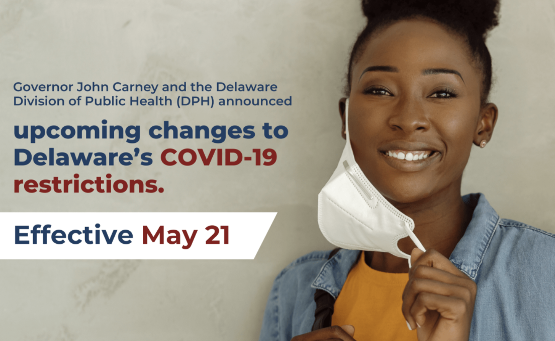 a woman wearing a face mask with the words upcoming changes to delaware's covid - 19 restriction