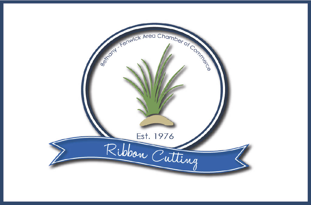 a blue ribbon with the words ribbon cutting on it