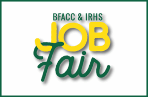 a green and yellow sign that says beaco and iris job fair