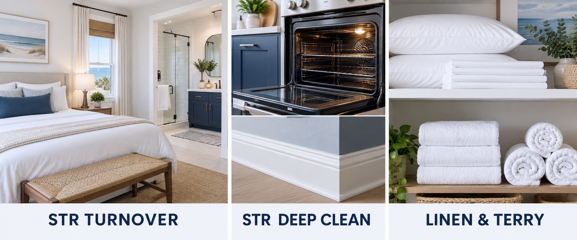 Illustrated comparison of STR turnover cleaning, STR deep cleaning, and linen and terry service