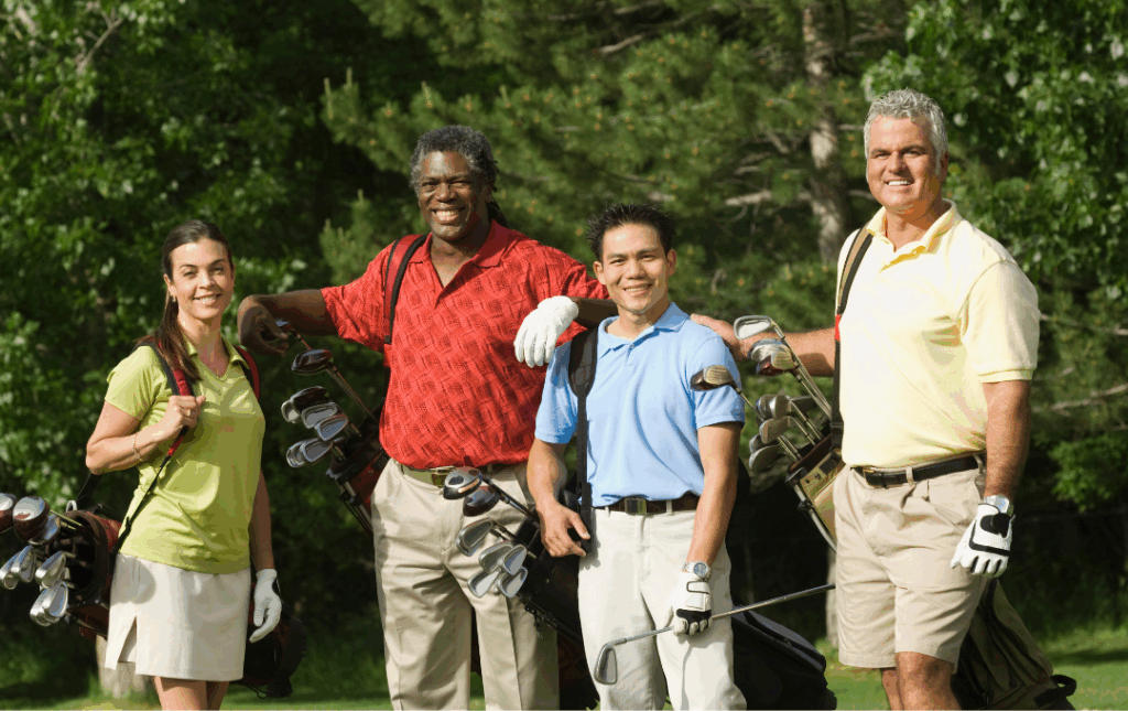 Four people with golf bags