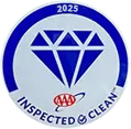a blue and white logo with a diamond on it