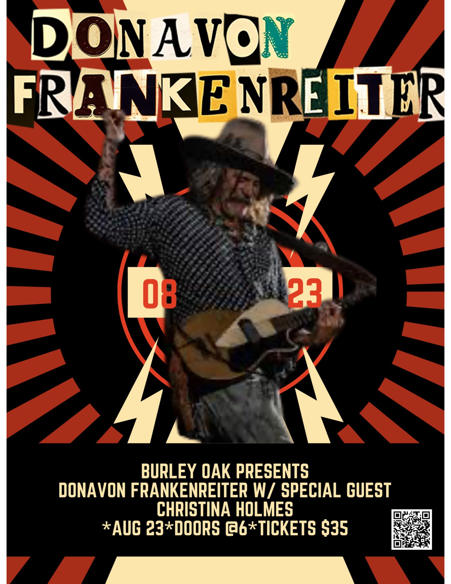 Man playing banjo with cowboy hat in front of lightning graphic background. Burley Oak Presents Donavon Frankenreiter w/ Special Guest Christina Holmes